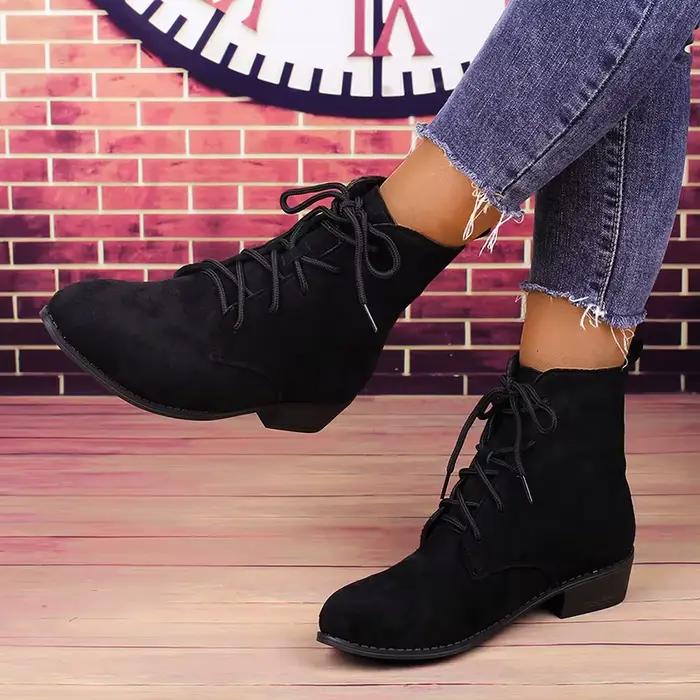 Femmes mode noir à lacets bottines printemps automne confortable bas bloc talon bottes courtes femme grande taille Botas Mujer 2025
