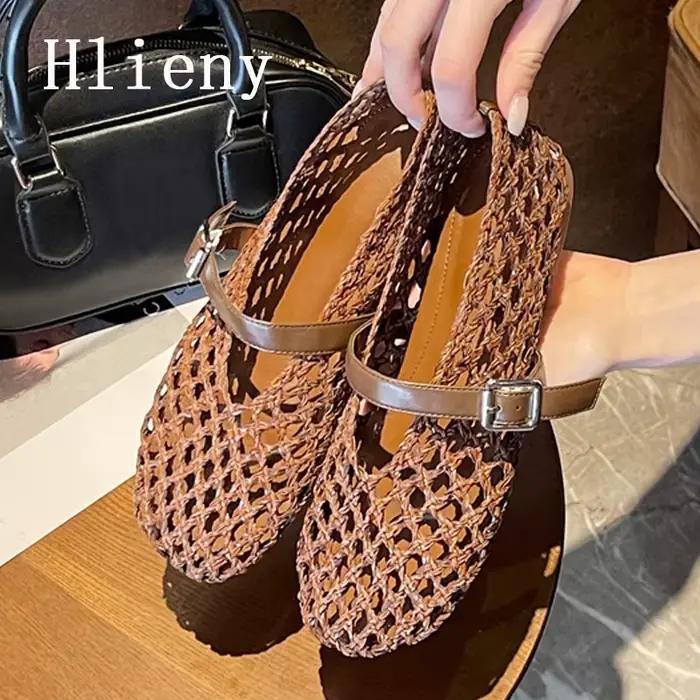 Hlieny été tissage évider maille chaussures plates femmes mode bout rond boucle sangle mocassins dames décontracté Mary Jane chaussure Mules sandale