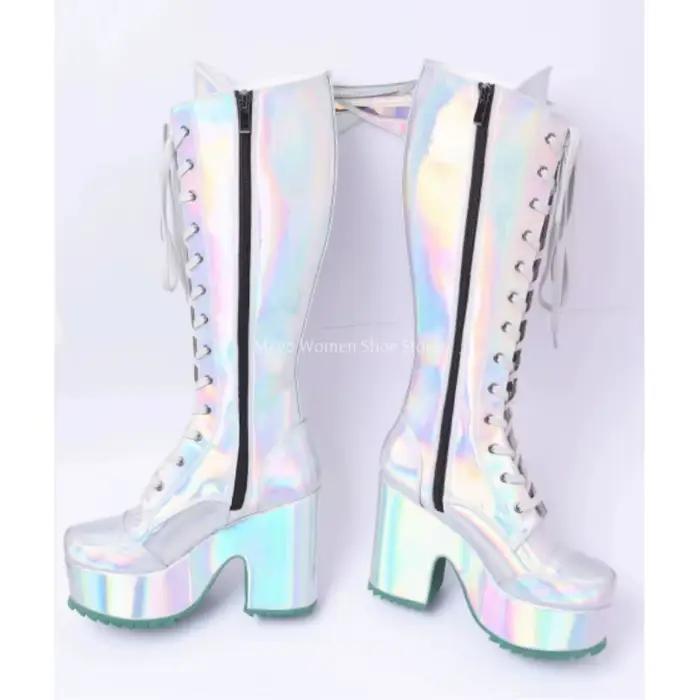Bottes hautes holographiques à plateforme pour femme, talon épais, lacets, fermeture éclair latérale, bottes longues, chaussures de cosplay et de festival