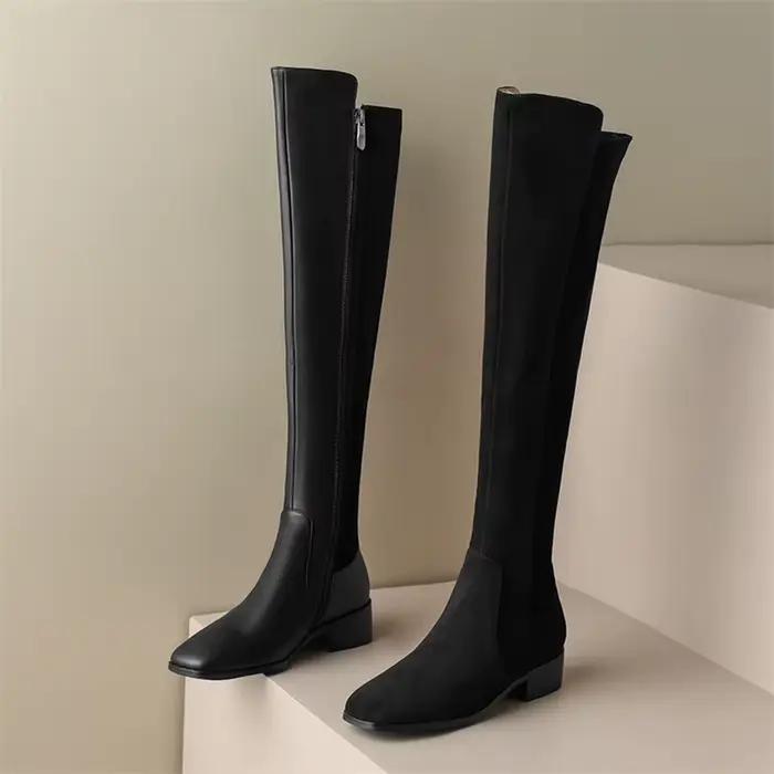 Meotina-Bottes hautes en cuir véritable pour femme, chaussures plates carrées, avec fermeture éclair, style décontracté, à la mode, collection automne hiver, 40