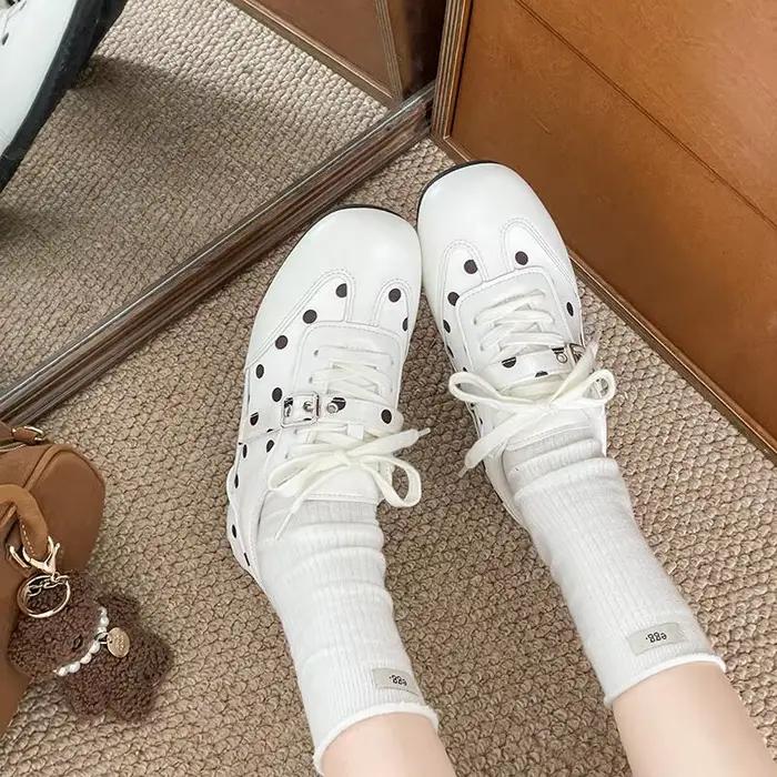 Chaussures vulcanisées à talon plat à pois de style coréen pour femmes, baskets, chaussures de sport