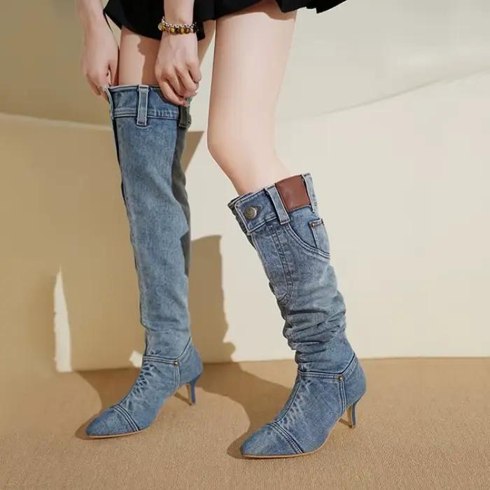 Bottes hautes bottes en jean vintage pour femmes avec talons fins bout pointu bottes longues chaussures pour femmes chaussures en jean pour femmes