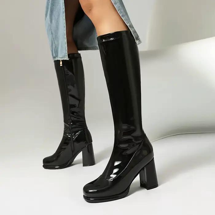 Bottes dorées extensibles scintillantes pour femmes, chaussures d'hiver argentées à bout rond, talons hauts, fermeture éclair, hauteur des genoux, grande taille 47 48