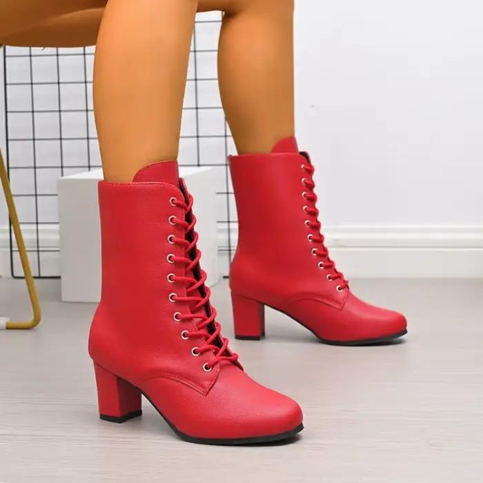 Printemps et automne nouveau bout pointu avant à lacets semelle souple antidérapant imperméable à talons hauts chaussons bloc talon bottes simples