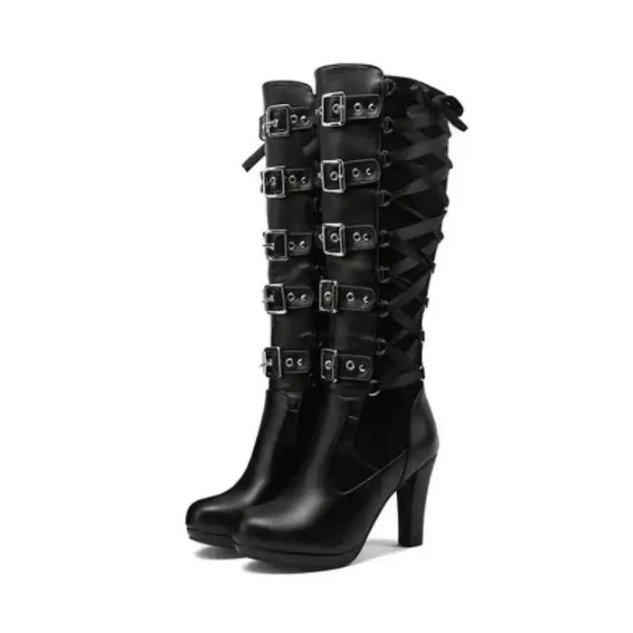 Femmes ceinture boucle genou bottes hautes 2025 Sexy hiver garder au chaud femme dentelle longue botte gothique Mature dames plate-forme genou Boottes