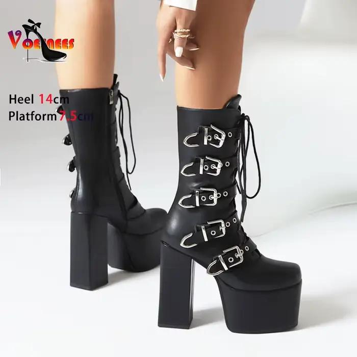 Bottes mi-mollet en cuir PU pour femmes, lacets noirs, plateforme Parker strucSquare, talons épais de 14cm, chaussures gothiques INS, taille 43