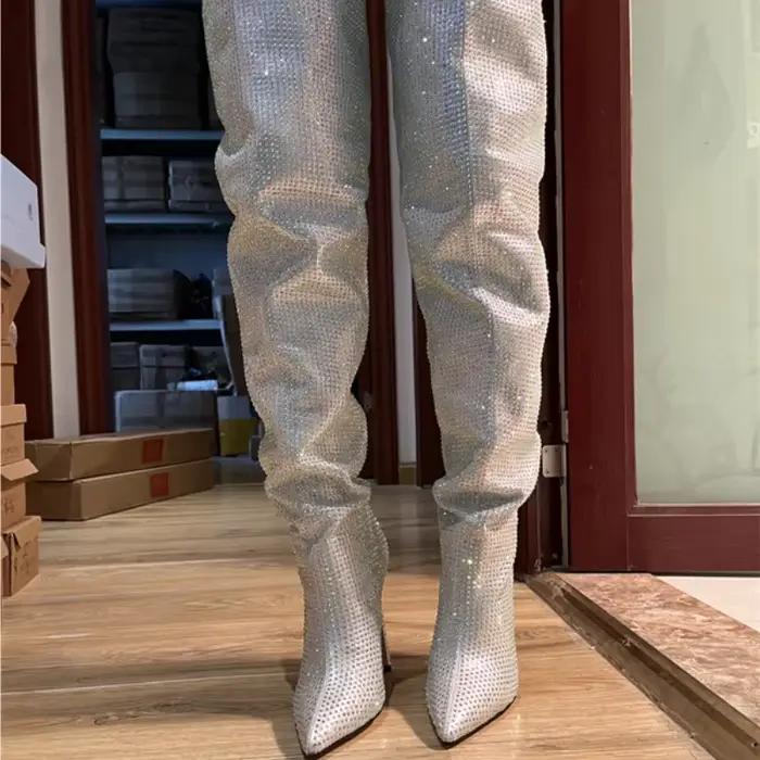 Bottes cuissardes argentées entièrement ornées de diamants, brillantes, au-dessus du genou, sexy, à bout pointu, talon fin 12cm/9cm, modèle tendance, nouvelle collection automne, tailles 34-43