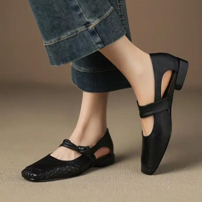 Chaussures Mary Jane pour femmes, plates, vintage, à bout carré, élégantes, ajourées, tressées, avec bride de cheville chic, décontractées d'été