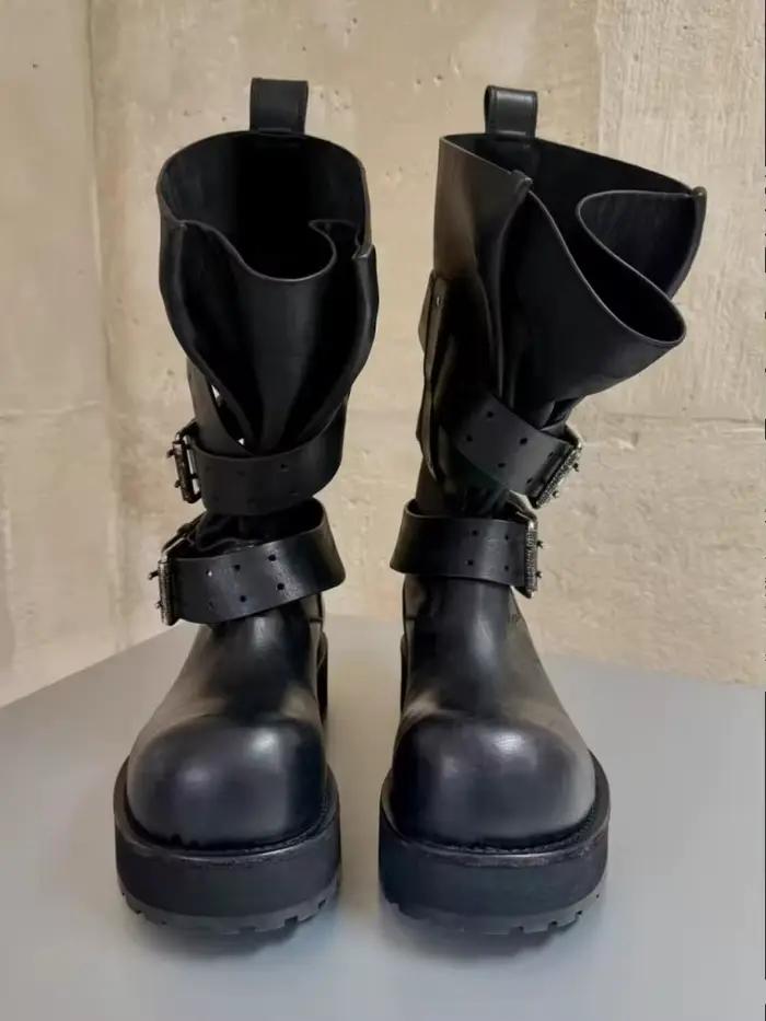 Bottes de moto en cuir noir avec boucle de ceinture, style Paris, bottes longues à bout relevé, bottes rétro vintage hautes jusqu'au genou pour hommes et femmes