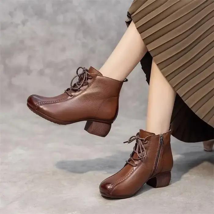 Bottines Courtes Rétro en Caoutchouc pour Femmes, Doublées en Polaire, Talon Carré, À Lacets Croisés, Style Vintage, Occasions Spéciales