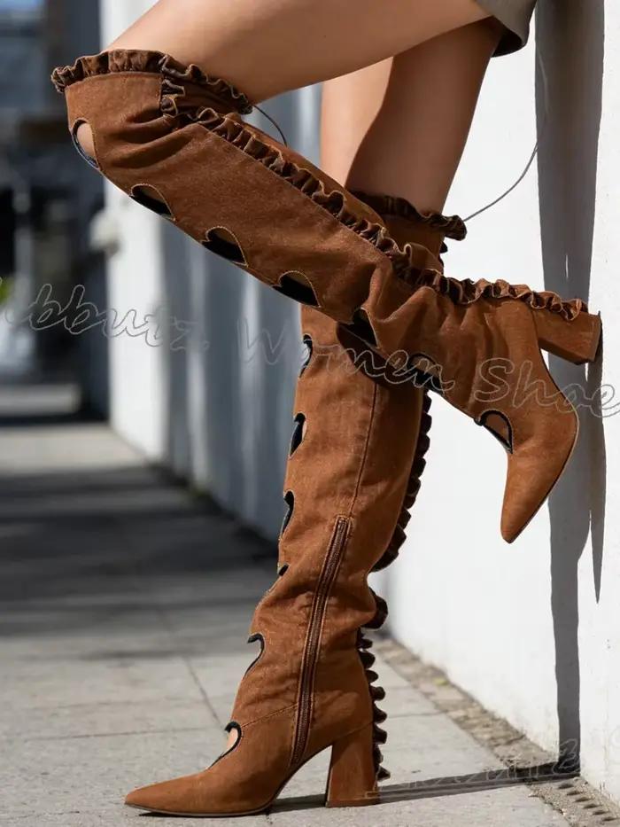 Nouvelles Bottes Sandales Plissées Montantes en Cuir Uni à Talons Carrés et Bout Pointu avec Dentelle Cœur pour Femme – Mode, Luxe, Élégance