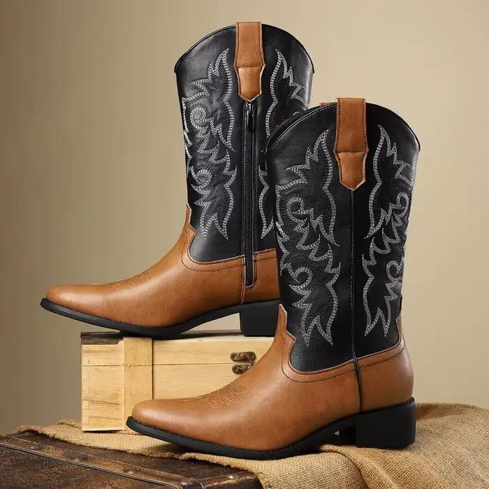 Bottes de Cowboy occidentales pour hommes, bottes pointues mi-mollet, bottes de chevalier rétro brodées pour hommes, bottes de luxe en cuir Botas Hombre