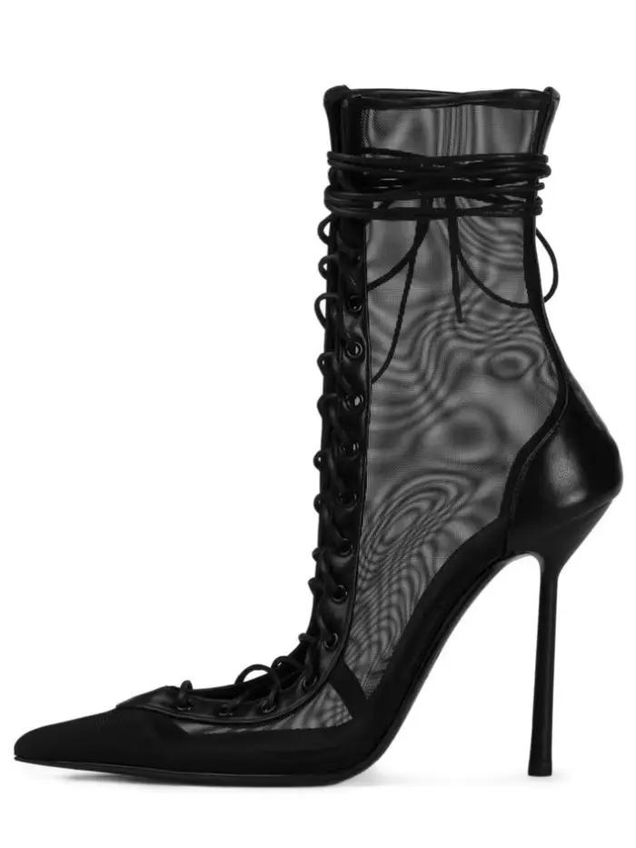 Nouvelles Bottes Courtes à Lacets Printemps Automne Talon Haut Bout Pointu Taille Parfaite Pour Femme Occasions Spéciales