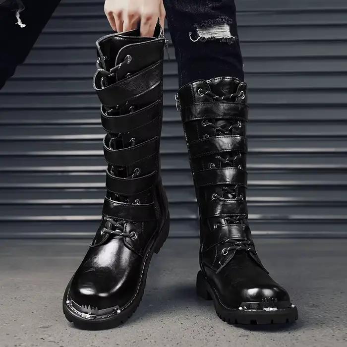 Bottes de moto hautes au genou pour hommes, légères, confortables, chaudes, tendance, noires, automne, hiver, mode