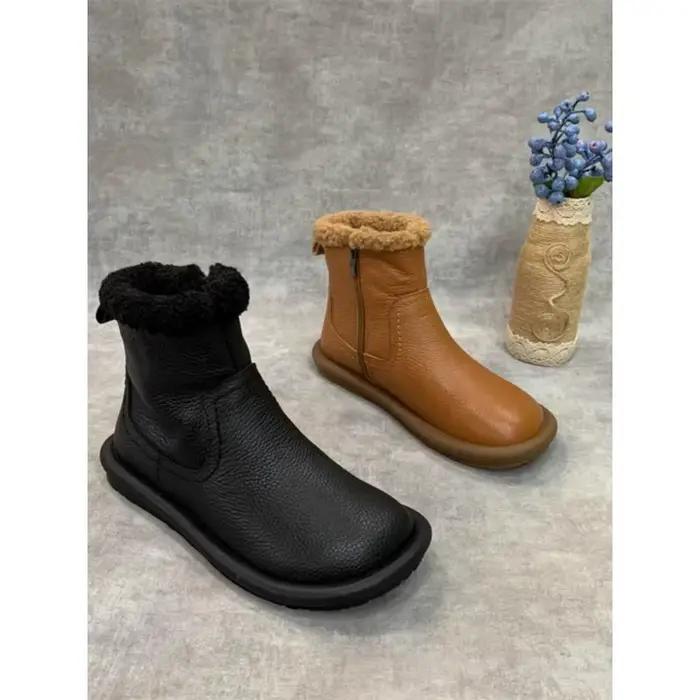 Bottes de neige rétro à fermeture éclair pour femme, doublure en cuir et fourrure, bout rond, nouvelle collection automne-hiver