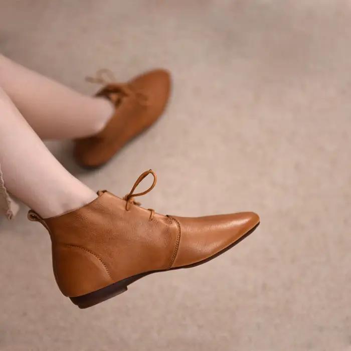Bottes à lacets de style britannique pour femmes, chaussures en cuir décontractées souples, bout pointu, talon carré, semelle en caoutchouc, polyvalentes pour automne et hiver