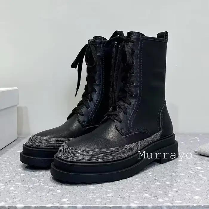 Bout rond en cuir véritable à lacets plat fond épais cheville Botas femmes chaîne perle décor bottes courtes automne bottes de moto
