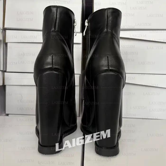 LAIGZEM femmes bottines compensées 12-14.5CM raide talons hauts Faux cuir fermeture éclair bout rond chaussons chaussures femme grande taille 42 50 52