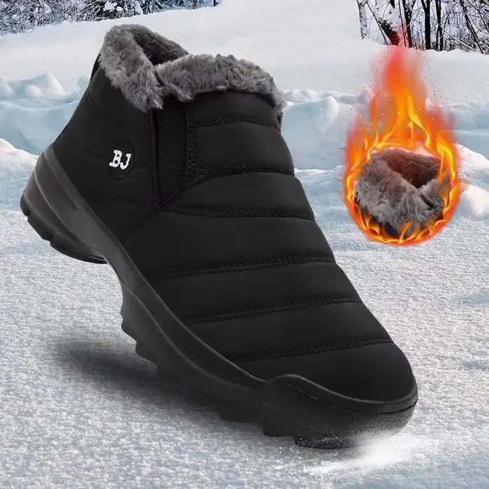 Bottes de neige pour hommes en nylon avec doublure en peluche courte, chaussures hivernales coupe-vent et étanches pour randonnées et aventures enneigées