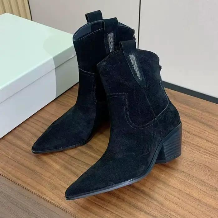 Femmes talon épais bottes courtes en cuir véritable bout pointu chaîne perle décor cheville Botas dames automne