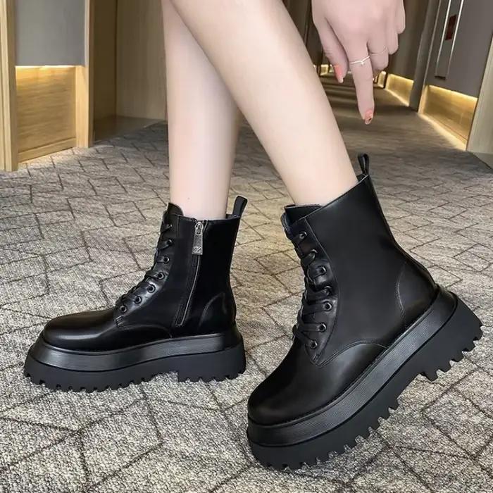 Bottes courtes romaines en microfibre respirantes et confortables pour femmes, talon carré, plateforme augmentée, mode printemps-automne ```