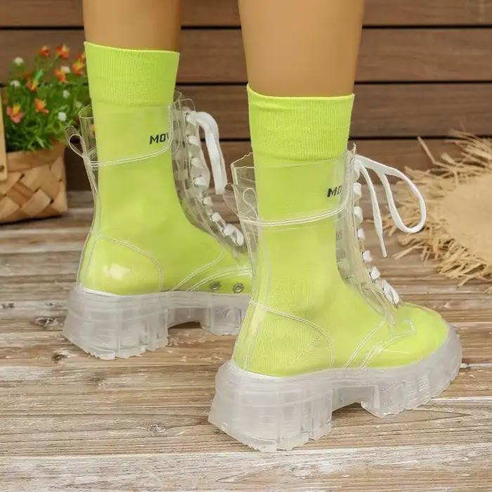 Bottes en gelée entièrement transparentes pour femmes 2026, à semelle épaisse, à lacets, courtes, unisexe, bottes de pluie à semelle épaisse, grandes tailles 35-43