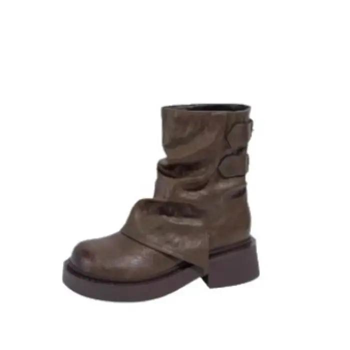 Bottes de cowgirl occidentales pour femmes, chaussures décontractées à semelle épaisse imperméables, à la mode et polyvalentes, nouvelle collection automne-hiver, bottes courtes pour femmes