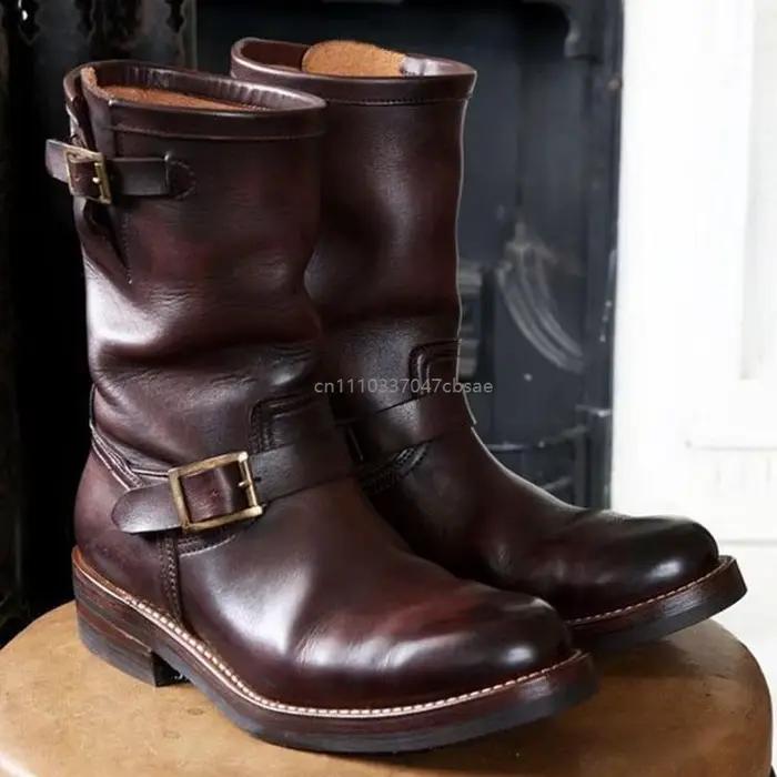 Bottes de cowboy rétro pour homme, style western, médiévales, mi-mollet, en cuir PU, avec boucle, pour la moto, tendance