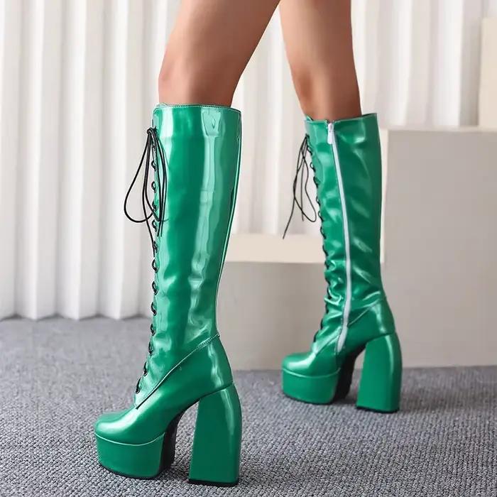 Bottes hautes en cuir verni PU pour femme, vert, doré, argent, à lacets, fermeture éclair, Punk, gothique, talons hauts, plateforme, hiver, 676