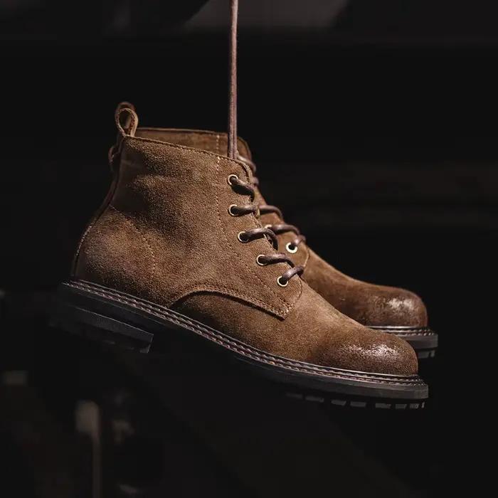 Maden Bottes vintage en daim fendu pour homme Bottes de travail montantes marron à lacets Ankle du désert Bottes à semelle robuste Chaussures d'extérieur d'hiver et d'automne