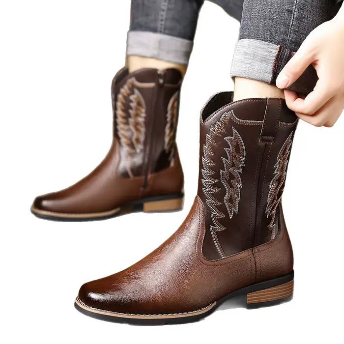 Bottes de cowboy brodées style western pour hommes, noires, mi-mollet, rétro, pour le travail en extérieur, décontractées, respirantes, antidérapantes