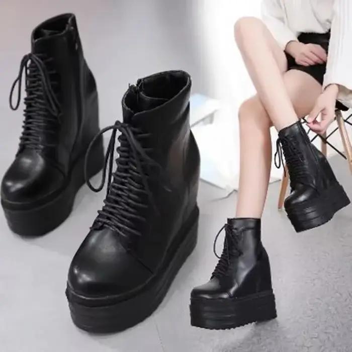 2025 Style Punk compensées bottine noir semelle en caoutchouc chaussures 14CM plate-forme bottes femmes laçage automne Sexy dame talons compensés baskets