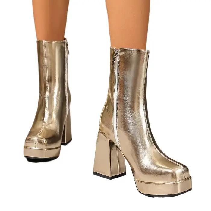 Bottines en cuir verni PU rouge or pour femmes