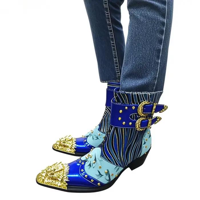 Printemps bottes pour hommes à talons hauts pointu Rivet boucle de ceinture en cuir véritable modèle passerelle luxe augmenter contact social bottes hautes
