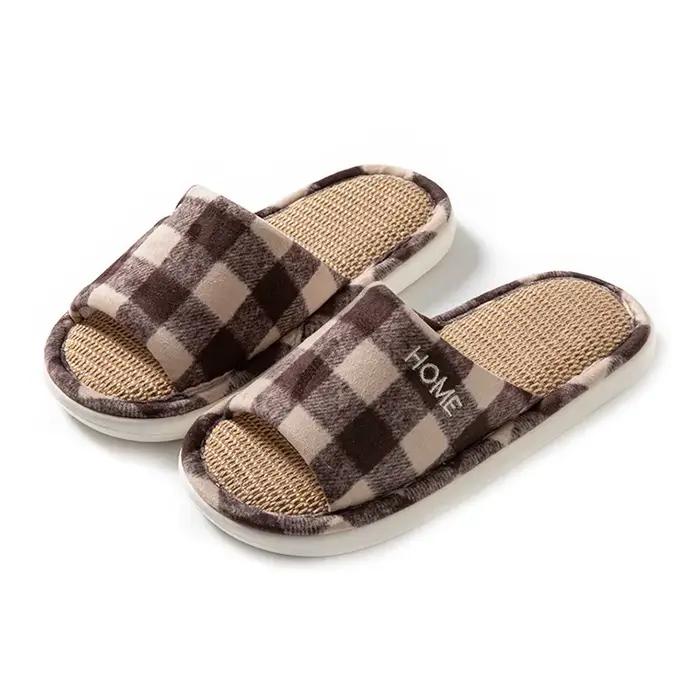 Nouvelles pantoufles d'intérieur décontractées en lin pour femme, style écossais, à bout ouvert, semelle souple antidérapante, unisexe, pour la maison, printemps-été