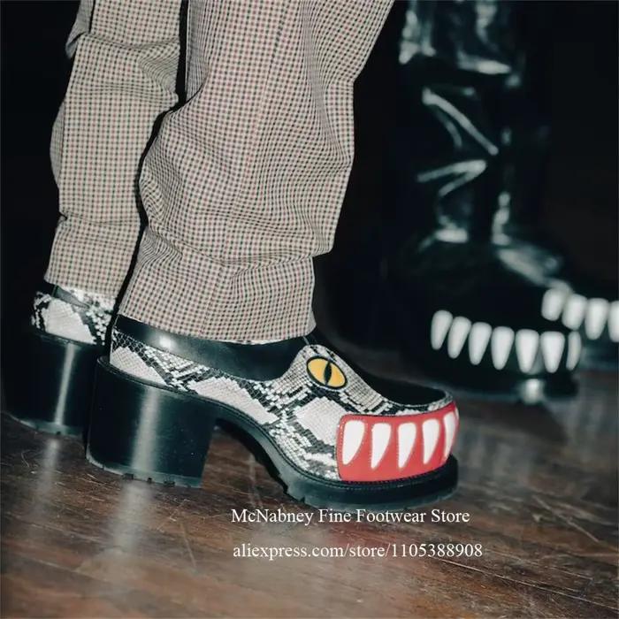 Bottes mi-mollet à motif serpent avec talon épais à dents de crocodile