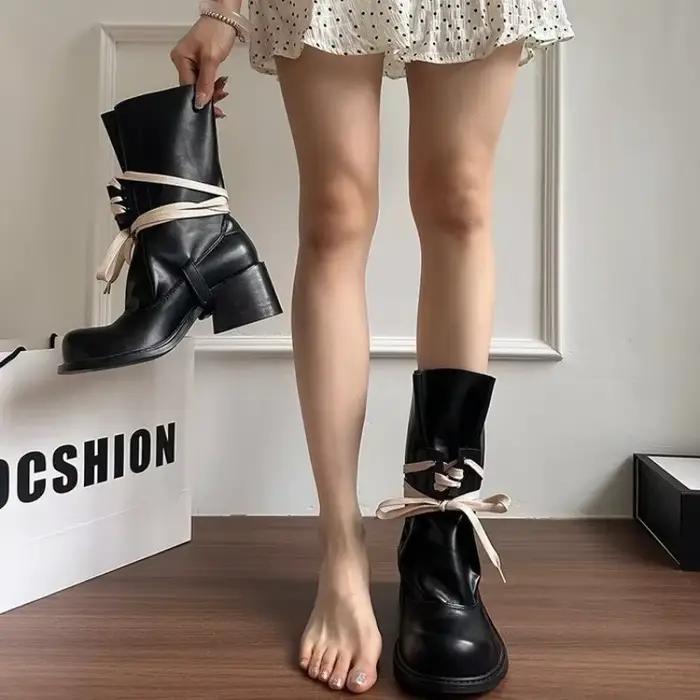 Nouveau luxe rétro mat Style Punk avant à lacets mi-mollet dame bottes bout rond plate-forme tout-Match chaussures