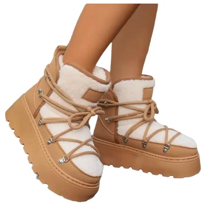 Bottes de neige d'hiver à semelle épaisse doublées de polaire pour femme, grandes tailles, chaudes, en coton, à lacets, style court