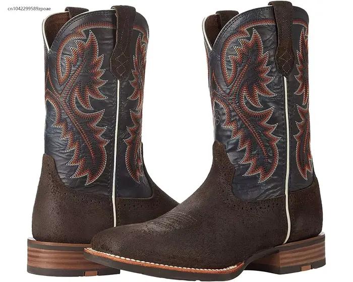 Bottes de Cowboy occidentales rétro mi-tube, noires et marron, accessoires de jeu de rôle, chaussures en cuir faites à la main, bottes d'équitation Cyberpunk unisexes