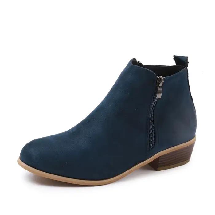 Bottines zippées pour femmes, chaussures en daim, talon bas carré, bout en amande, chaussures d'automne pour dames, talon de 3.5 Cm, bleu, 2025