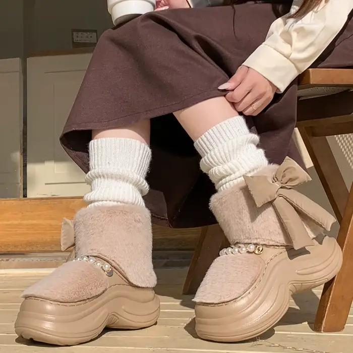 Bottes de neige LORGL en fourrure douce avec grand papillon pour femmes, style coréen, talon plat, bottes chaudes et antidérapantes pour hiver et activités quotidiennes