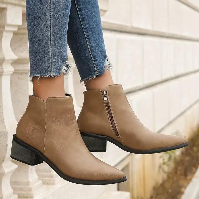 Automne femmes bottines Style rétro bout pointu bottes en cuir solide court baril talon épais bottes occidentales Botines Mujer