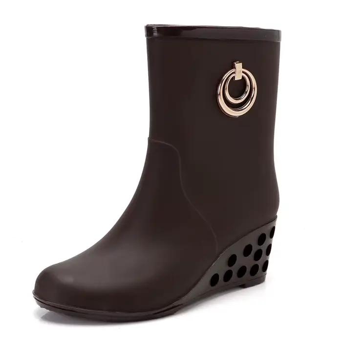 Bottes de pluie à talons compensés en caoutchouc pour femmes, bottes imperméables avec fermeture éclair latérale en PVC, bottes d'eau d'extérieur pour occasions spéciales