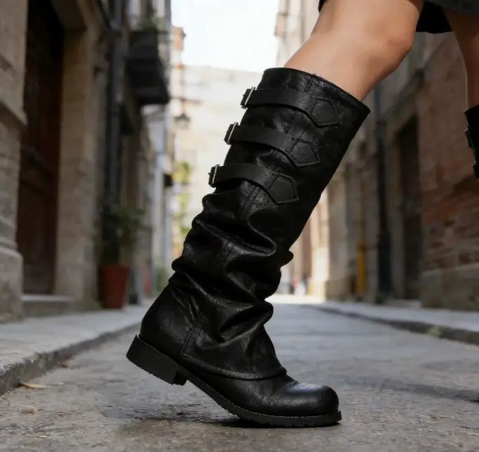 Bottes noires gothiques à hauteur de genou pour femmes avec trois sangles à boucles style vintage pour occasions spéciales