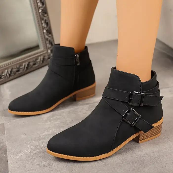 Bottines courtes en cuir style rétro romain pour femme, grande taille, à talon épais, bout pointu, avec boucle de ceinture
