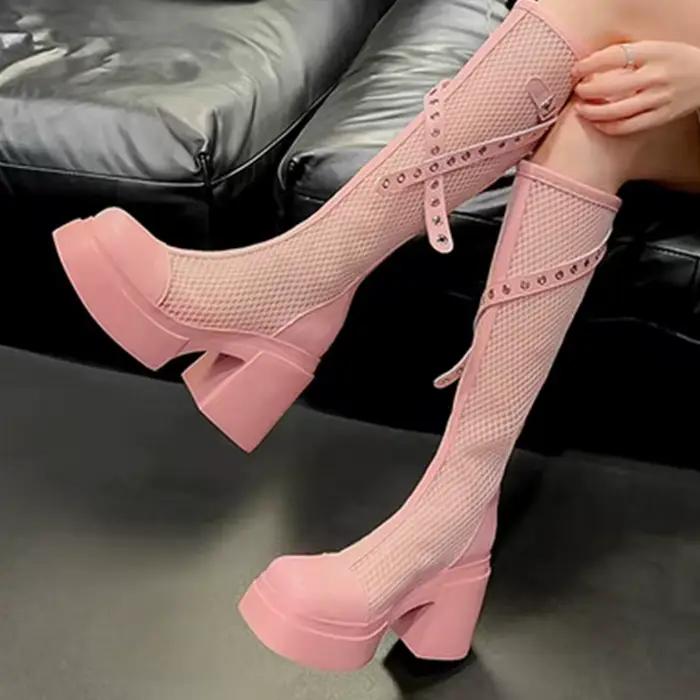 2025 été mode respirant maille bottes pour femmes fête plate-forme fermeture éclair mi-mollet bottes femme solide boucle sangle chaussures dames