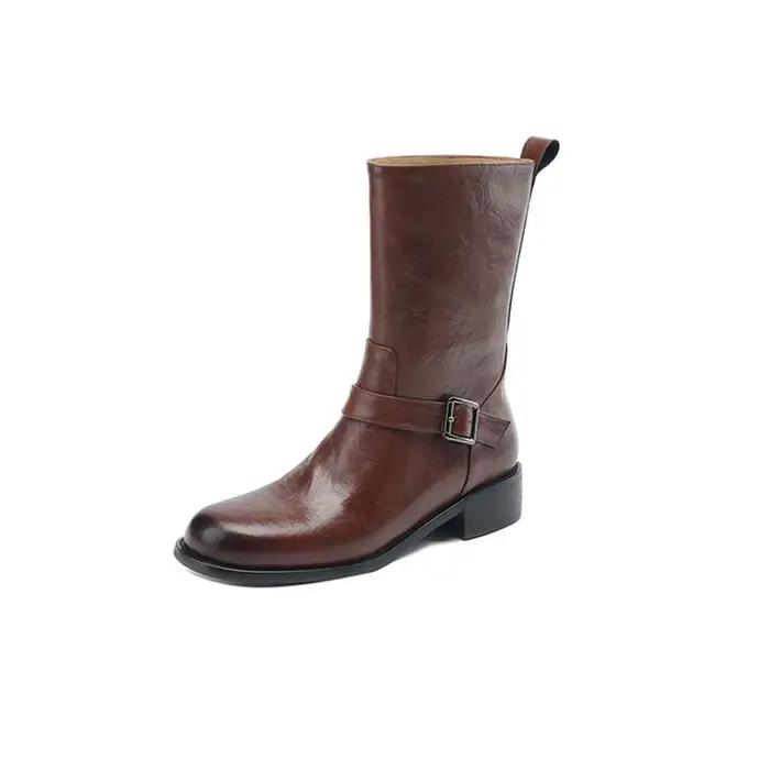 Botines Mujer grande taille 32-48 bottes en cuir véritable femmes Style rétro talons épais robe plate-forme de fête chaussures grande taille 47 48 HG187