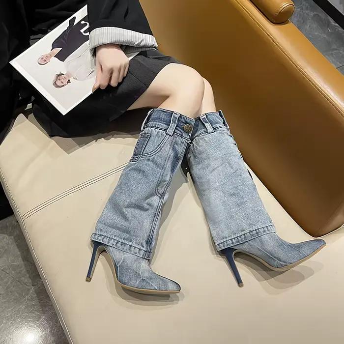 Bottes hautes en denim bleu rétro pour femmes bottes à bout pointu printemps automne talon fin mi-mollet occassions quotidiennes vacances shopping école