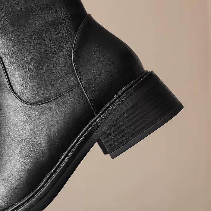 Bottes de chevalier en cuir véritable de vache pour femmes haute jusqu'au genou talon carré fermeture éclair et grande boucle de ceinture pour occasions spéciales printemps automne