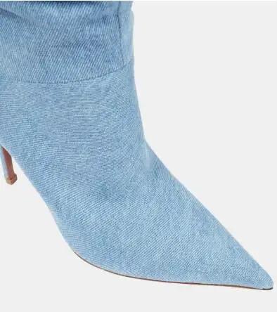 Bottes en denim bleu au-dessus du genou, talons fins, bout pointu, style urbain pour femmes, ajustement parfait, confortable, élégante, pour printemps/automne
